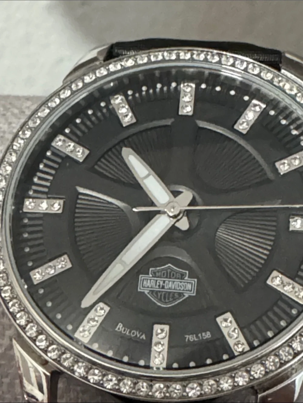 Harley-Davidson Silver-Tone Case Black Dial Watch with Crystal Accents